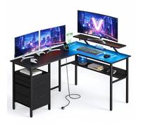 VASAGLE Escritorio en Forma de L con Tomas de Corriente, con Soporte de Monitor, Escritorio Esquinero, para Juegos con Luces LED, 2 Cajones, Fácil de Montar, Oficina en Casa, Negro Ébano LWD095B01