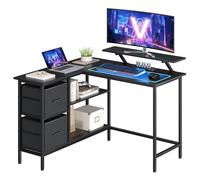 VASAGLE Escritorio en Forma de L, Esquinero, con 2 Amplios Cajones, Mesa con Soporte para Monitor, para Esquina, con Estante Ajustable, para Oficina Casa, Negro Ébano LWD097B56