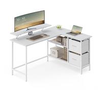 VASAGLE Escritorio en Forma de L, Esquinero, con 2 Amplios Cajones, Mesa con Soporte para Monitor, para Esquina, con Estante Ajustable, para Oficina Casa, Blanco Arce LWD098W01