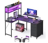 VASAGLE Escritorio en L, Mesa de Ordenador Gaming, con Enchufes y USB | Luces LED, 3 Cajones, Estantes y Soporte para Monitor, 140 x 100 x 150 cm, Colección BARNET LWD162B101