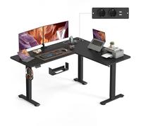 VASAGLE Escritorio Esquinero en L Ajustable en Altura, 160 x 140 cm | Estante para Regleta, 2 Tomas CA, 2 Puertos USB-A, para Oficina, Negro Tinta y Negro, Colección BALOK LSD264BZ01