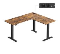 VASAGLE Escritorio Esquinero en L Ajustable en Altura, 160 x 140 cm | Estante para Regleta, 2 Tomas CA, 2 Puertos USB-A, para Oficina, Marrón Rústico y Negro Tinta, Colección BALOK LSD264K01