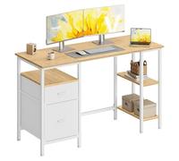 VASAGLE Escritorio, Mesa de Ordenador, Mesa de Oficina, con 3 Estantes, 2 Cajones, 127 x 50 x 76 cm, para Oficina, Salón, Estilo Industrial, Roble Natural y Blanco Mate LWD103YD01