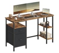 VASAGLE Escritorio, Mesa de Ordenador, Mesa de Oficina, con 3 Estantes, 2 Cajones, 127 x 50 x 76 cm, para Oficina, Salón, Estilo Industrial, Marrón Rústico y Negro Mate LWD103KD01