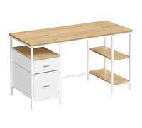 VASAGLE Escritorio, Mesa de Ordenador, Mesa de Oficina, con 3 Estantes, 2 Cajones, 60 x 140 x 76 cm, para Oficina, Salón, Estilo Moderno, Roble Natural y Blanco Perla LWD104Y01