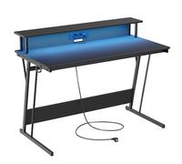 VASAGLE Escritorio para Juegos con Luces LED y Tomas de Corriente Incorporadas, Escritorio con Estante para 2 Monitores, Mesa para Oficina Dormitorio, 60 x 120 x 76 cm, Negro Carbón LWD192B01