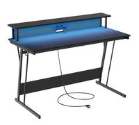 VASAGLE Escritorio para Juegos con Luces LED y Tomas de Corriente Incorporadas, Escritorio con Estante para 2 Monitores, Mesa para Oficina Dormitorio, 55 x 135 x 76 cm, Negro Carbón LWD117B02