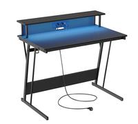 VASAGLE Escritorio para Juegos con Luces LED y Tomas de Corriente Incorporadas, Escritorio con Estante para 2 Monitores, Mesa para Oficina Dormitorio, 60 x 100 x 76 cm, Negro Carbón LWD191B02