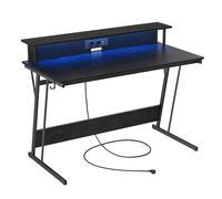 VASAGLE Escritorio para Juegos con Luces LED y Tomas de Corriente Incorporadas, Escritorio con Estante para 2 Monitores, Mesa para Oficina Dormitorio, 60 x 120 x 76 cm, Negro Ébano LWD192B56