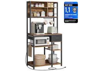 VASAGLE Estanteria Cocina con Multienchufe, Cajón de Tela, 12 Ganchos | Mueble Auxiliar de Cocina, Estante de Microondas, 80 x 40 x 180,8 cm, Colección BARNET KKS015K03