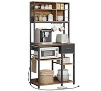 VASAGLE Estanteria Cocina con Multienchufe, Mueble Auxiliar de Cocina, Cajón de Tela, 40 x 80 x 180,4 cm, Estante de Microondas, 12 Ganchos, Marrón Rústico y Negro Tinta KKS015K03