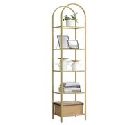 VASAGLE Estantería de 5 Niveles, Estantería de Vidrio Templado, Diseño Arqueado, Marco de Acero, para Salón, Dormitorio, Estudio, Baño, Dorado Metálico y Transparente LGT501A01