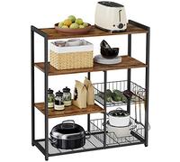 VASAGLE Estantería de Cocina con 2 Cestas de Malla Metálica, con Estantes y Ganchos, Estantería para Microondas, 35 x 80 x 93,5 cm, Marrón Rústico y Negro KKS96X