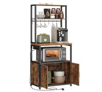 VASAGLE Estantería de Cocina con Enchufes, Puertas, 2 Estantes | Soporte Microondas, 60 x 40 x 170 cm, con 8 Ganchos, Marrón Rústico y Negro Mate, Colección BARNET, KKS058K02