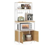 VASAGLE Estantería de Cocina con Enchufes, Puertas, 2 Estantes | Soporte Microondas, 60 x 40 x 170 cm, con 8 Ganchos, Roble Dorado y Blanco Mate, Colección BARNET, KKS058Y02