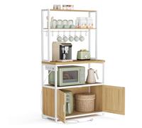 VASAGLE Estantería de Cocina con Enchufes, Puertas, 2 Estantes | Soporte Microondas, 80 x 40 x 170 cm, con 8 Ganchos, Roble Dorado y Blanco Mate, Colección BARNET, KKS059YA02