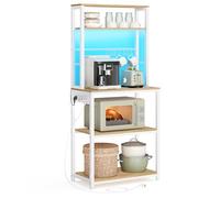 VASAGLE Estantería de Cocina con iluminación LED, estantería de pie con enchufes, Estante para microondas con estantes Ajustables, 8 Ganchos, 40 x 60 x 168,4 cm, Roble Dorado, Blanco Mate KKS049YA01