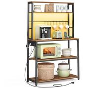 VASAGLE Estantería de Cocina con LED, para Microondas con Regleta, Estantes Ajustables, 8 Ganchos, 40 x 80 x 168,4 cm, Marrón Vintage y Negro Mate KKS050KD01