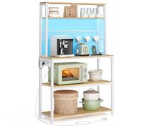 VASAGLE Estantería de Cocina con LED, para Microondas con Regleta, Estantes Ajustables, 8 Ganchos, 40 x 80 x 168,4 cm, Roble Dorado y Blanco Mate KKS050YA01