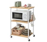 VASAGLE Estantería de Cocina con Ruedas, Carrito de Servicio de 3 Niveles, Estantería para Microondas, Marco de Metal con 6 Ganchos, 40 x 60 x 89 cm, Roble Dorado y Blanco Nube KKS060Y09