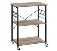 VASAGLE Estantería de Cocina con Ruedas, Carrito de Servicio de 3 Niveles, Estantería para Microondas, Horno, Tostadora, Marco de Metal con 6 Ganchos, Greige y Negro KKS060B02
