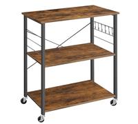 VASAGLE Estantería de Cocina con Ruedas, Carrito de Servicio de 3 Niveles, Estantería para Microondas, Horno, Tostadora, Marco de Metal con 6 Ganchos, Marrón Rústico y Negro KKS067K01