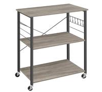 VASAGLE Estantería de Cocina con Ruedas, Carrito de Servicio de 3 Niveles, Estantería para Microondas, Horno, Tostadora, Marco de Metal con 6 Ganchos, Greige Mélange y Negro KKS067K02