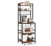 VASAGLE-estante de panadería con toma de corriente, soporte para microondas, estante de cocina, alambre de Metal, 14 ganchos, 40x60x170 cm, marrón y negro Negro