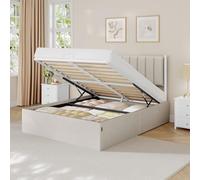 VASAGLE Estructura de Cama, 140 x 200 cm, Cama Elevable, 2 Personas, con Almacenaje, Cabecero, Sistema Hidráulico, Moderno y Minimalista, Fácil Montaje, Beige Capuchino RMB614LH01