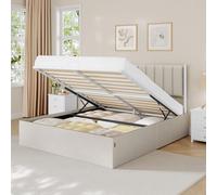 VASAGLE Estructura de Cama, 160 x 200 cm, Cama Elevable, 2 Personas, con Almacenaje, Cabecero, Sistema Hidráulico, Moderno y Minimalista, Fácil Montaje, Beige Capuchino RMB615LH01
