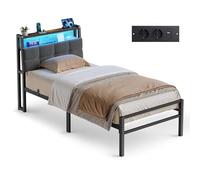 VASAGLE Estructura de Cama de Acero para Colchón de 90 x 190 cm, con Cabecero Tapizado, Luces LED y Enchufes, 208,9 x 90,5 x 104,5 cm, Negro Mate y Marrón Rústico, Colección Dupon RMB121G101
