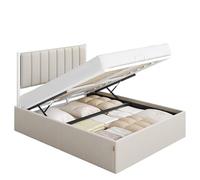 VASAGLE Estructura de Cama, 140 x 200 cm, Cama Elevable, 2 Personas, con Almacenaje, Cabecero, Sistema Hidráulico, Moderno y Minimalista, Fácil Montaje, Beige Capuchino RMB614LH01