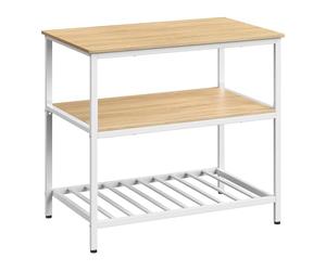 VASAGLE Isla de Cocina con Encimera Grande, Estantería de Cocina de 3 Niveles, Marco de Acero, 60 x 100 x 90 cm, Estilo Industrial, Fácil de Montar, Beige Roble y Blanco KKI005W09