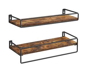 VASAGLE Juego de 2 Estantes de Pared, Estantes Flotantes con Varilla, Baldas Pared, para Cocina, Dormitorio, Sala de Estar, Marrón Rústico y Negro LWS441B01