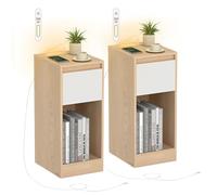 VASAGLE Juego de 2, Mesita de Noche Estrecha, Mesa Auxiliar, con Iluminación LED, 1 Puerto USB-A, 1 Puerto USB-C, Cajón y Compartimento, Dormitorio, Salón, Amarillo Almendra y Blanco Nube LET710Y01