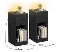 VASAGLE Juego de 2, Mesita de Noche Estrecha, Mesa Auxiliar, con Iluminación LED, 1 Puerto USB-A, 1 Puerto USB-C, Cajón y Compartimento, Dormitorio, Salón, Negro Ébano/Blanco Nube/Amarillo Almendra y