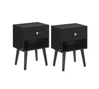 VASAGLE Juego de 2 mesitas de Noche, Mesa Auxiliar con cajón de Almacenamiento y Estante Abierto, Patas de Madera Maciza, Mesa Auxiliar para salón, Dormitorio, sofá, Madera de ébano, Color Negro