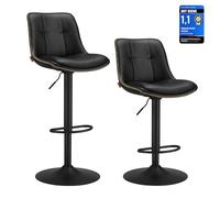 VASAGLE Juego de 2 Taburetes de Bar, Sillas Altas Giratorias Regulables en Altura, Acolchado PU, Sillas de Cocina con Respaldo y Reposapiés, Comedor, Mostrador, Acero, Negro Tinta LJB095B01
