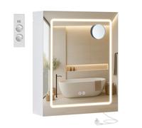 VASAGLE Kailyn Colección - Armario de Pared para Baño con Espejo, con LED, Multienchufe, Función Antivaho, Espejo de Aumento 10x, Estilo Moderno, 16,5 x 50 x 60 cm, Blanco BBK133W01