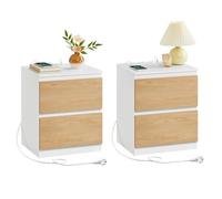 VASAGLE Kailyn Colección - Juego de 2, Mesita de Noche con Regleta de Enchufes, Mesa Auxiliar, 2 Cajones, 2 Tomas AC, 2 Puertos USB-A, Salón, Dormitorio, Amarillo Almendra LET821Y02
