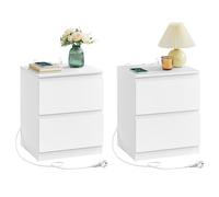 VASAGLE Kailyn Colección - Juego de 2, Mesita de Noche con Regleta de Enchufes, Mesa Auxiliar, 2 Cajones, 2 Tomas AC, 2 Puertos USB-A, Salón, Dormitorio, Blanco Nube LET821W02