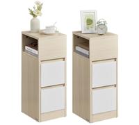 VASAGLE Kailyn Colección - Juego de 2, Mesita de Noche Estrecha, Mesa Auxiliar con 2 Cajones, Encajable a la Izquierda o a la Derecha, Dormitorio, Salón, Beige Natural y Blanco Nube LET856N01V1