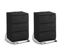 VASAGLE Kailyn Colección - Mesita de Noche con Estación de Carga, Juego de 2, Mesa Auxiliar con 3 Cajones, 2 Tomas AC, 2 Puertos USB, Salón, Dormitorio, Estudio, Negro Ébano LET831B56