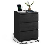 VASAGLE KAILYN Colección - Mesita de Noche con Estación de Carga, Mesa Auxiliar con 3 Cajones, 2 Tomas AC, 2 Puertos USB, Salón, Dormitorio, Estudio, Negro Ébano LET631B56