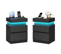 VASAGLE Kailyn Colección - Mesita de Noche con Regleta de Enchufes, Juego de 2, Tapa Deslizante, 2 Cajones, Tira LED, Pequeña Mesa Auxiliar, Estilo Moderno, 35 x 40 x 55 cm, Negro Tinta LET840BC01