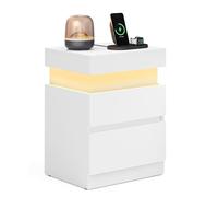 VASAGLE Kailyn Colección - Mesita de Noche con Regleta de Enchufes, Tapa Deslizante, 2 Cajones, Tira LED, Pequeña Mesa Auxiliar, Estilo Moderno, 35 x 40 x 55 cm, Blanco Nieve LET640WB01