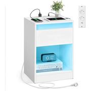 VASAGLE KAILYN Colección - Mesita de Noche con Regleta, Mesa Auxiliar con Luces LED Ajustables, Cajón, 2 Enchufes, 2 Puertos USB, Moderno, Dormitorio, Salón, Blanco Nube LET618T15