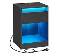 VASAGLE KAILYN Colección - Mesita de Noche con Regleta, Mesa Auxiliar con Luces LED Ajustables, Cajón, 2 Enchufes, 2 Puertos USB, Moderno, Dormitorio, Salón, Negro Ceniza LET618T22