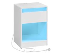 VASAGLE Kailyn Colección - Mesita de Noche con Estación de Carga, Mesa Auxiliar con Luces LED Ajustables, con Cajón, 2 Tomas AC, 2 Puertos USB, Moderno, para Dormitorio, Salón, Blanco Nube LET618T15