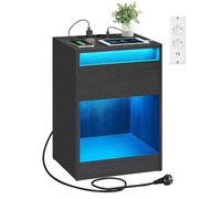 VASAGLE KAILYN Colección - Mesita de Noche con Regleta, Mesa Auxiliar con Luces LED Ajustables, Cajón, 2 Enchufes, 2 Puertos USB, Moderno, Dormitorio, Salón, Negro Ceniza LET618T22